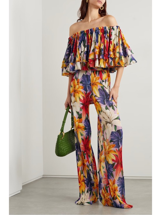 Etro Pants - ETRO Floral-print plissé-chiffon straight-leg pants Size 48